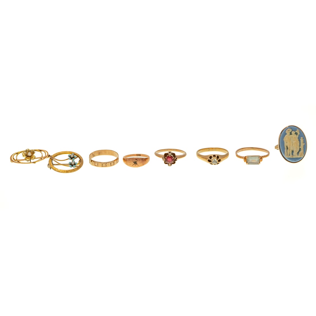 A Collection of Rings & Pins in 14K & 10K: 1) Antique and vintage 14K yellow gold trio of rings including an oval Wedgwood blue jasperware plaque bezel set, sz 4; rose cut diamond solitaire Belcher set, sz 6.75; and a rectangular step cut aqua