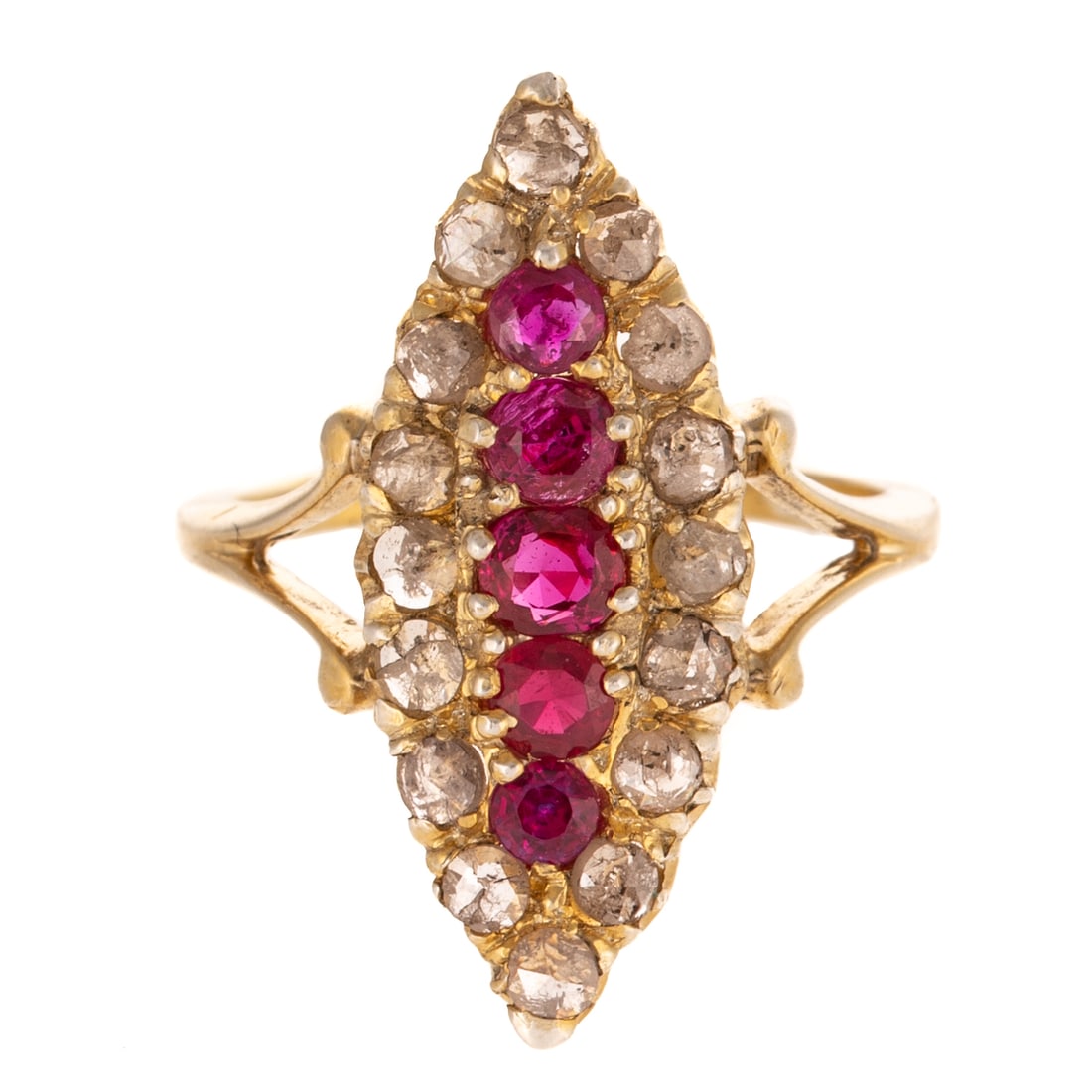 A Ruby & Diamond Navette Ring in Vermeil: Vermeil and sterling silver navette ring featuring a column of round and oval shape rubies weighing approx. 0.30 ctw prong set and with a halo of rose cut diamonds weighing approx. 0.65 ctw, split sha