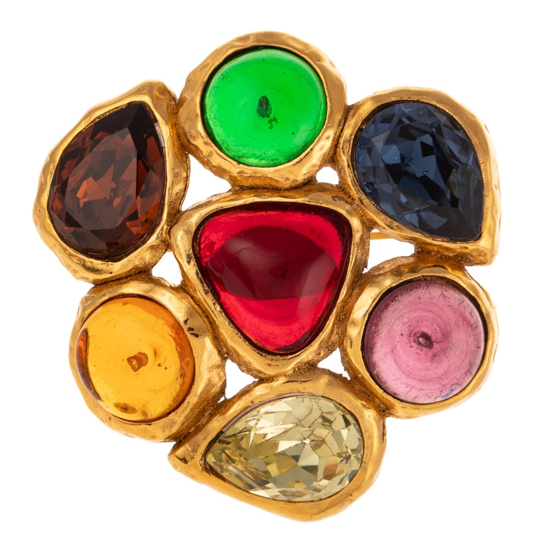 A Vintage Chanel Strass & Gripoix Brooch: c. 1989 Gold plated, strass and gripoix brooch by Chanel, signed, 2 1/4 in x 2 in., 40.4 grams, accompanied by Chanel box