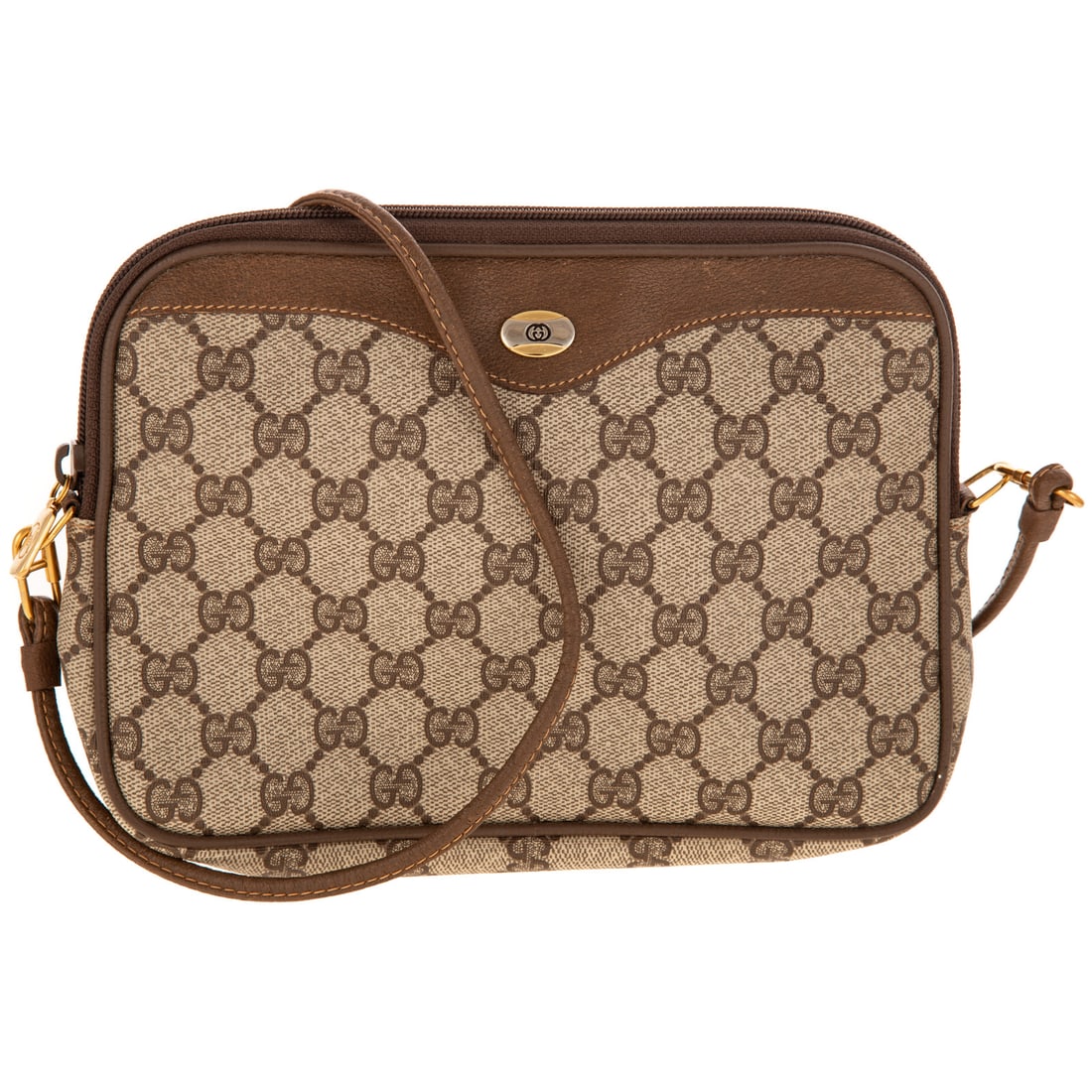 A Gucci GG Supreme Shoulder Bag: A vintage coated canvas Gucci GG Supreme shoulder bag with gold tone hardware, brown leather trim, and zipper closure at top. Includes COA and dust bag. Measuring: 9 in. L, 6.5 in. H, 1.75 in. D