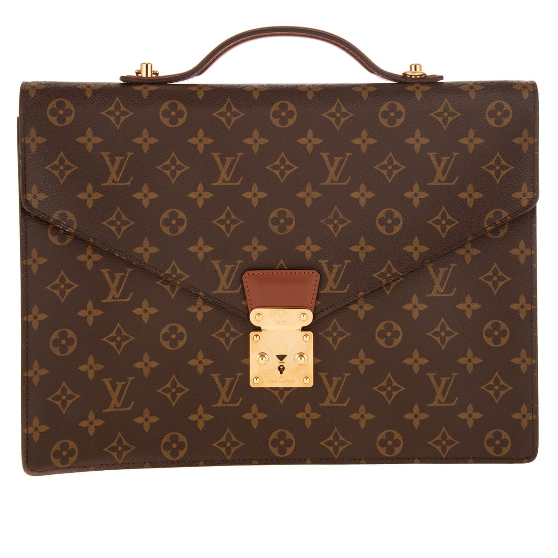 A Louis Vuitton Porte Documents Bandouliere Briefcase: A coated canvas monogram Louis Vuitton Porte Documents Bandouliere Briefcase with gold tone hardware, single leather top handle, and leather trim. Cinnamon leather lining, dual pockets at interior