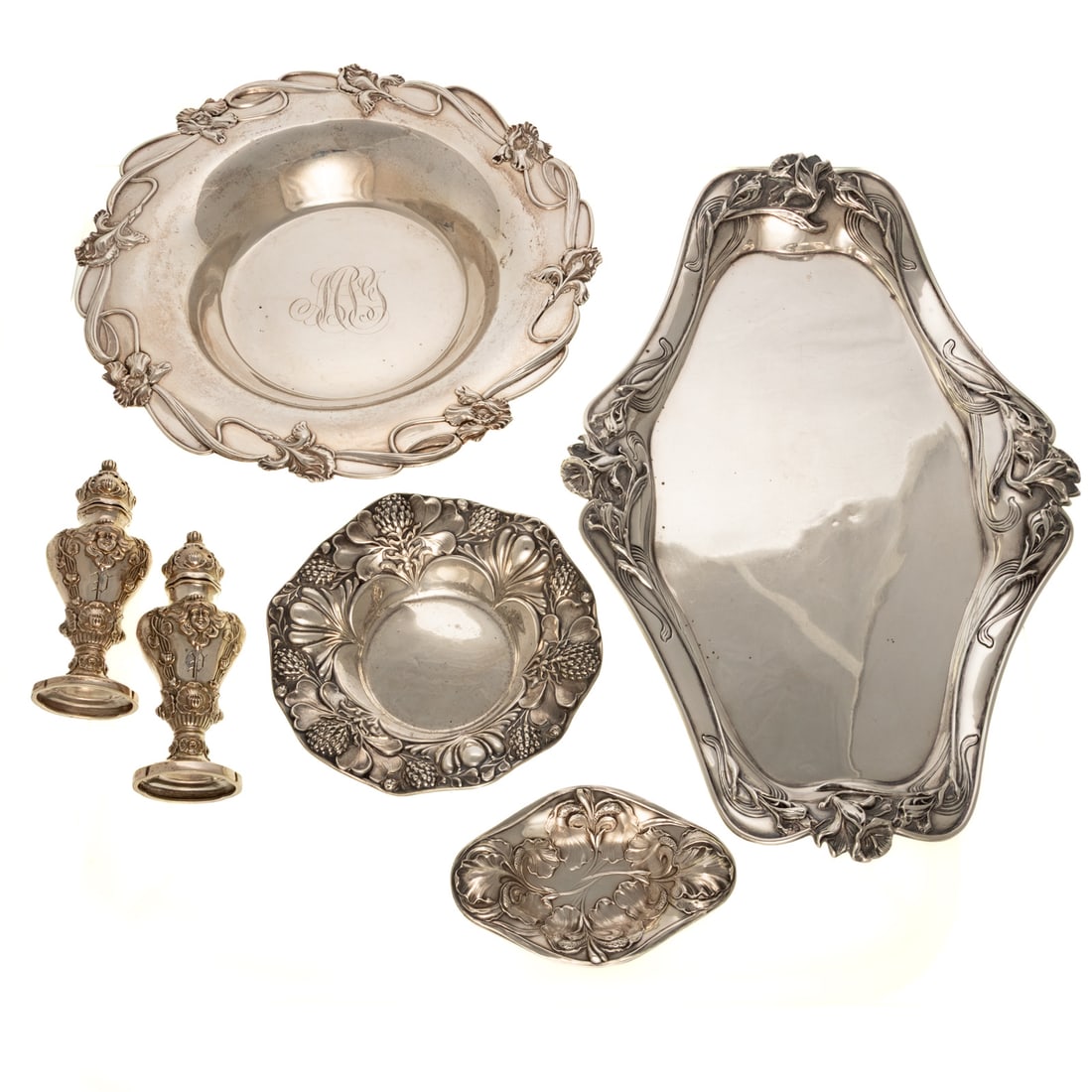 Collection of Art Nouveau Sterling Hollowware: Including: William B Kerr shaped oval vanity tray, model# 486, 13 3/4 in. W, 9 in. D, 13 ozt.; Shreve & Co. serving bowl, 1 1/4 in. H, 9 1/2 in. Diam., 9.1 ozt; Gorham candy dish, model# A2569, 1 in.