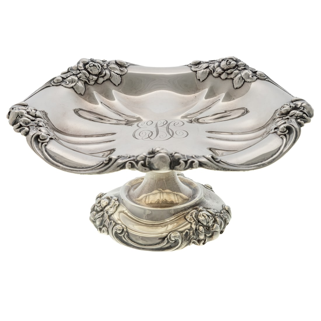 Gorham Art Nouveau Sterling Tazza: Model# A1959, 1900 date mark, the domed foot, supporting an undulating circular plate, the rims with applied roses and scrolls, centered with a monogram, 3 7/8 in. H, 8 in. Diam., 10.5 ozt.