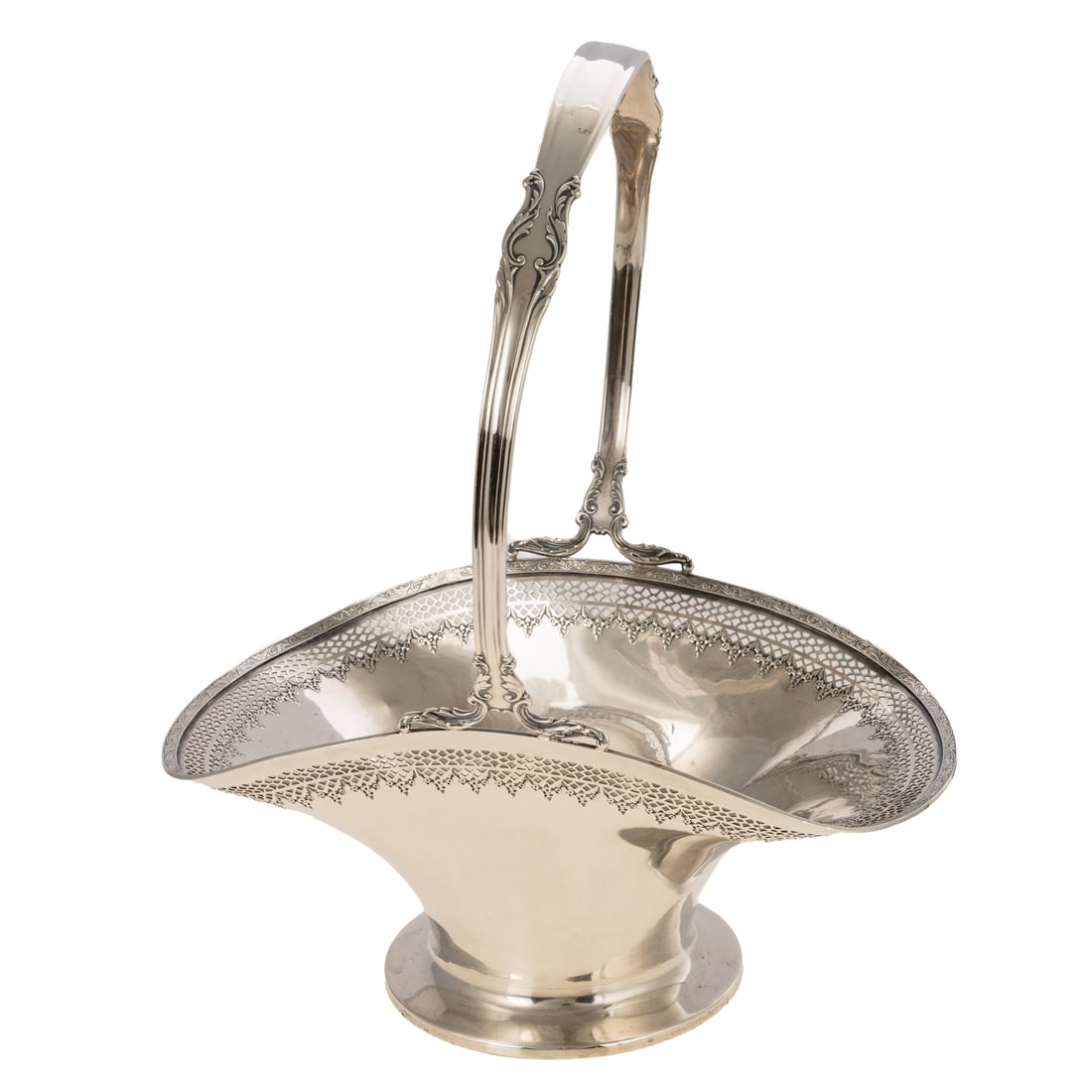 International Sterling Cake Basket: Model# F24-1A, the border with pierced decoration over floral garlands, applied scrolling foliate rim, stationary handle, basket is 4 1/4 in. H, 11 1/2 in. H overall, 9 1/2 in. W, 5 1/2 in. D, 16.6