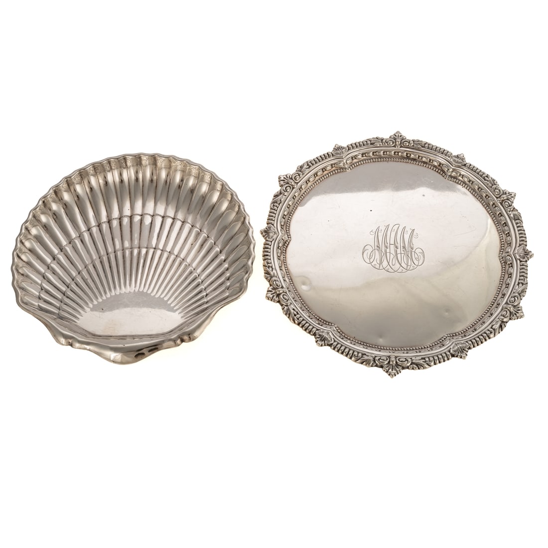 Two American Sterling Serving Pieces: Including: a Fisher shell-form dish, model# 143, on two ball feet, 8 1/4 in. W, 8 1/4 in. D, 7.9 ozt.; and a Theodore B Starr tray, model# 360, with an ornate repousse beaded and bellflower border,