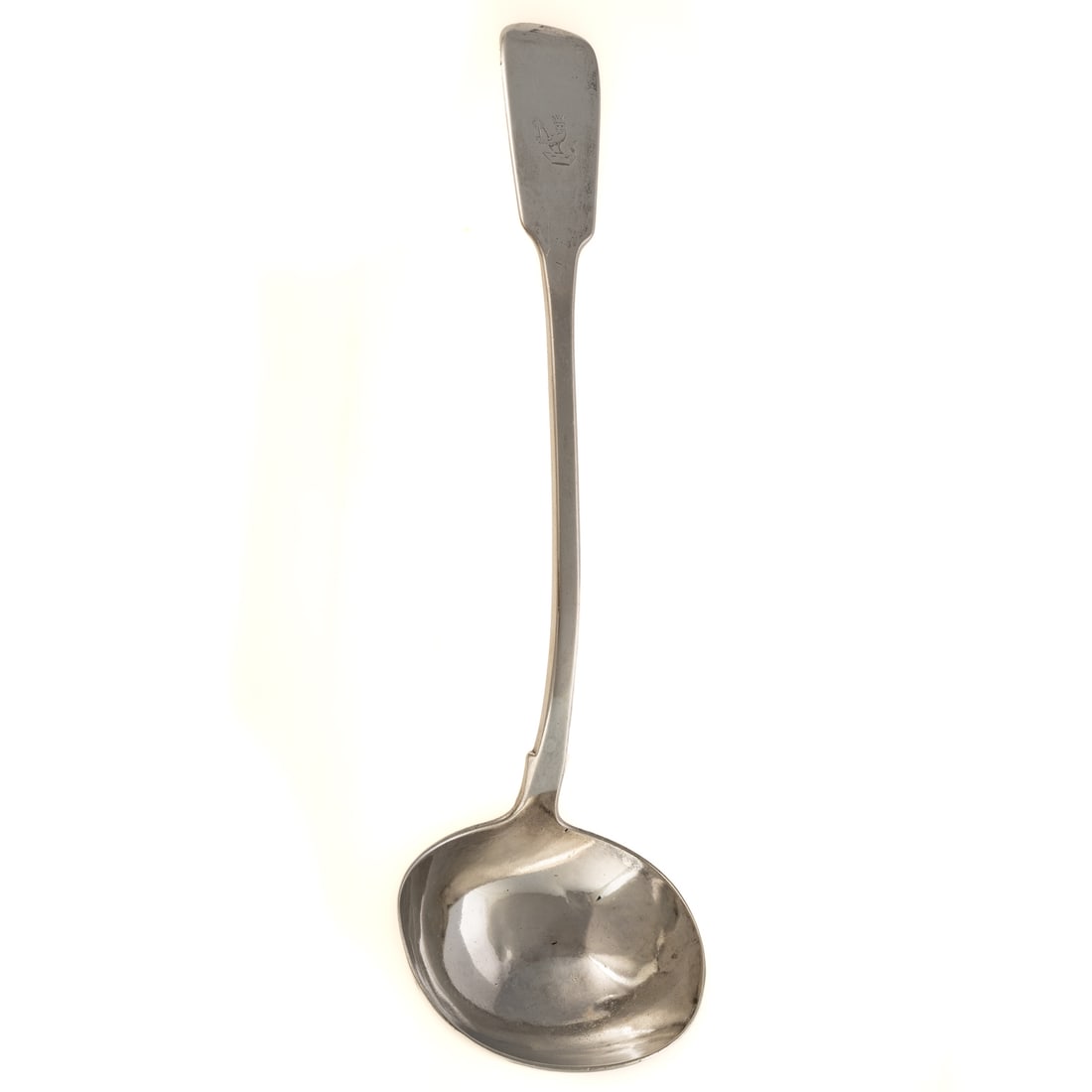 Irish Victorian Silver Armorial Soup Ladle: John Smyth, Dublin, 1854, retailed by Gilbert & Son. The Fiddle pattern ladle, with a generous bowl, the terminal with a chased armorial device depicting a crowned lion rampant with sword, the