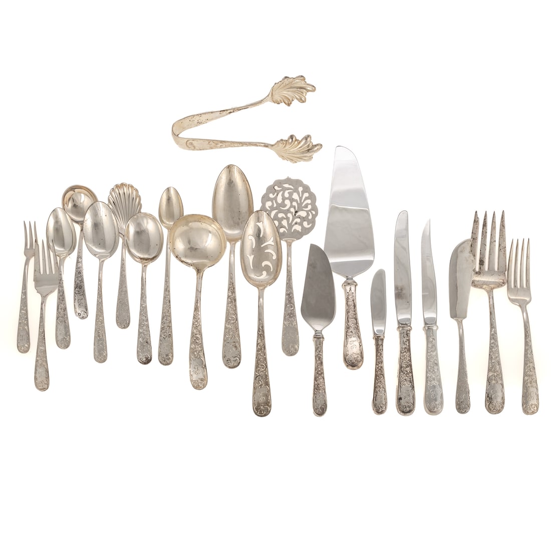 S Kirk & Son Sterling "Old Maryland-Engraved" Set: Flatware service for six including: dinner knives, dinner forks, dinner spoons, salad forks, teaspoons, butter spreaders, cream soup spoons, iced tea spoons, steak knives, seafood forks, solid serving