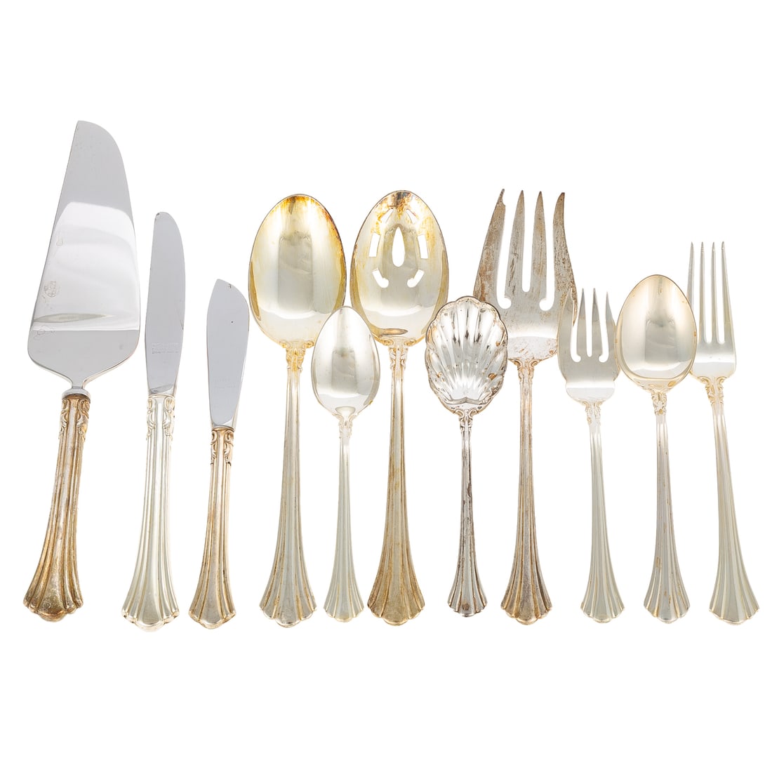 Reed & Barton Sterling "Eighteenth Century" Set: Flatware service including: eight dinner knives, eight dinner forks, eight dinner spoons, eight salad forks, 16 teaspoons, solid serving spoon, pierced serving spoon, serving fork, sugar shell spoon, 