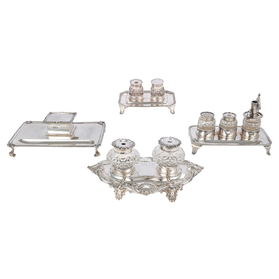 Four English Sterling Standishes: Including: 1) George III, John Emes, London, 1802, monogrammed, rectangular with two matching crystal inkwells, 1/2 in. H, 2 1/2 in. H overall, 4 3/4 in. W, 2 5/8 in. D, 3.8 ozt.; 2) George III, John