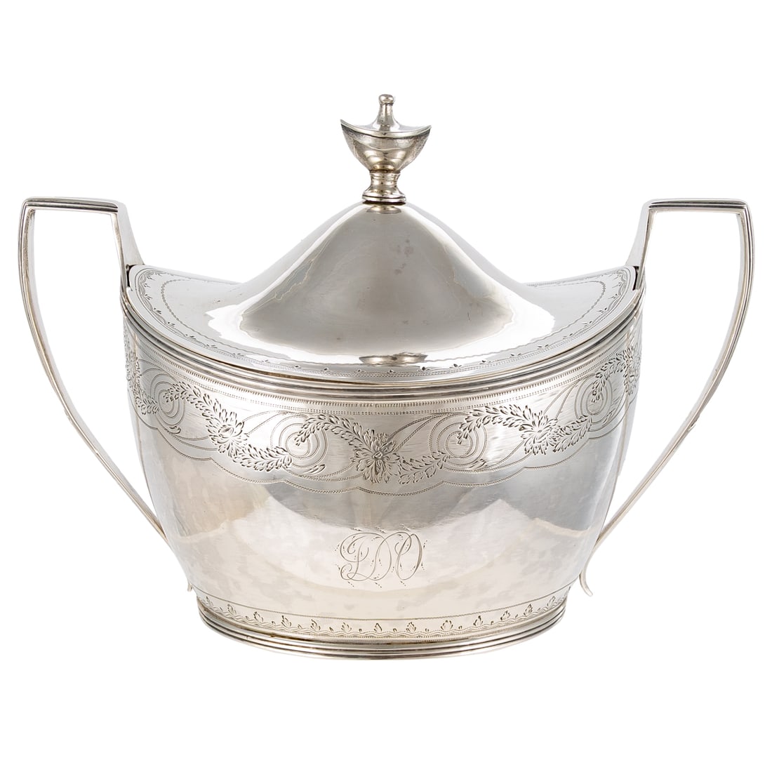 American Coin Silver Sugar by Ebenezer Moulton: Ebenezer Noyes Moulton (1768-1824), Boston and Newburyport, MA, stamped on the underside. Oval, with elongated handles, urn-form finial, with chased floral border, banded rim, monogrammed, 5 5/8 in.
