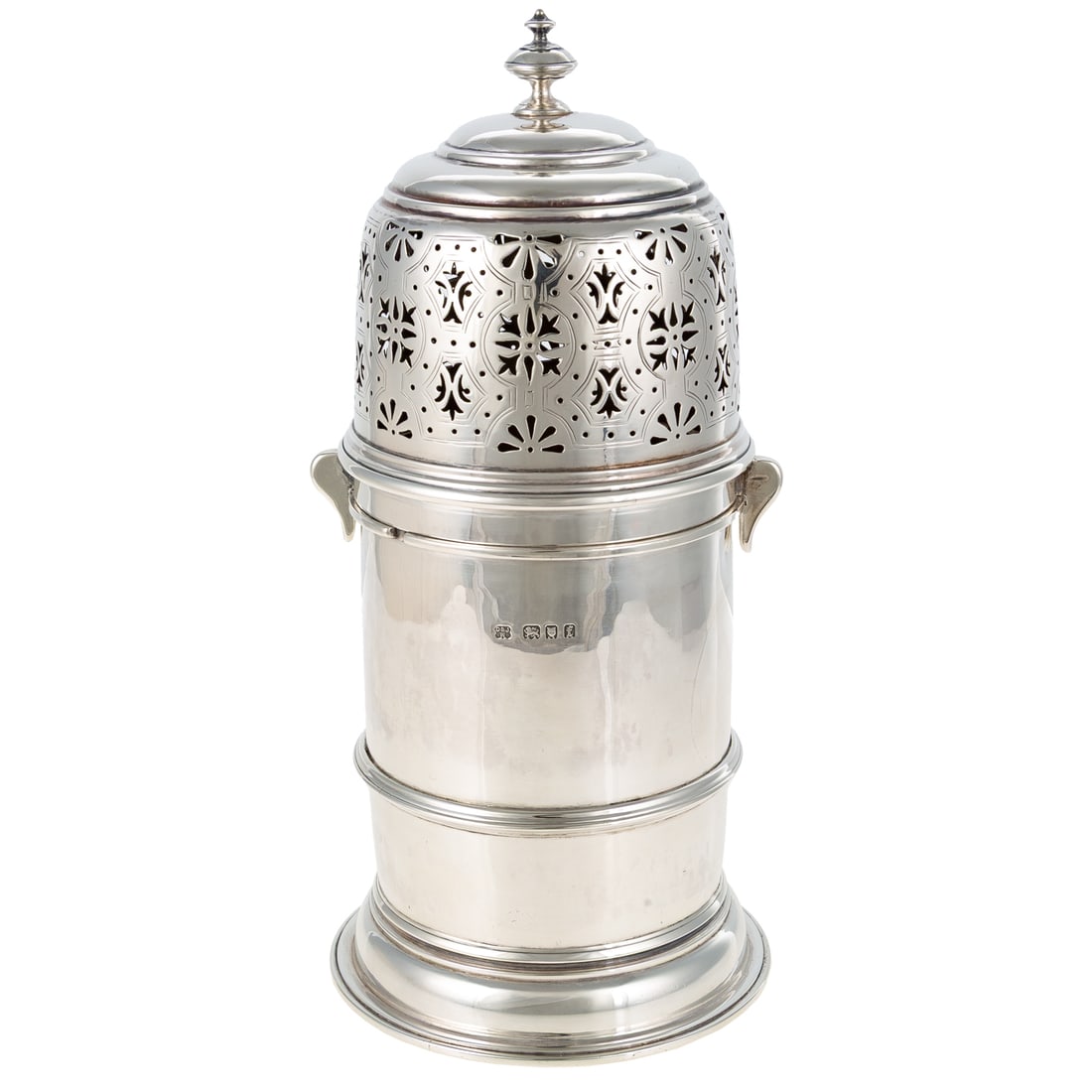 Large George V Silver Muffineer: D&J Wellby Ltd., London, 1921. Banded cylindrical, pierced twist-off cover, 8 7/8 in. H overall, 4 1/4 in. Diam. overall, 18.2 ozt.