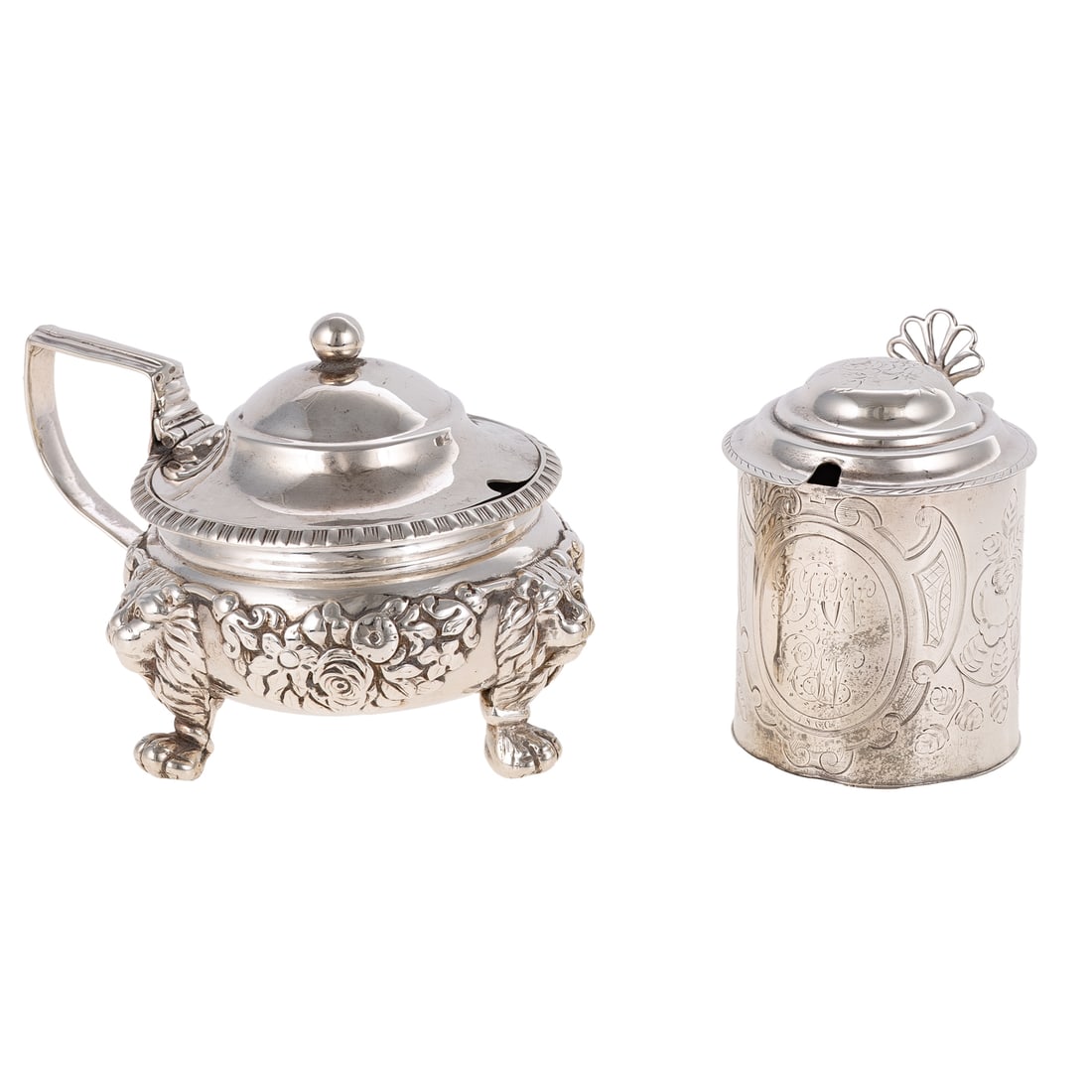 Two George III Silver Mustard Pots: Including: 1) Cylindrical, with chased floral decoration, monogrammed cartouche, by John Langford II & John Sebille, London, 1768, 3 1/4 in. H overall, 4 ozt., and 2) Round, with applied floral