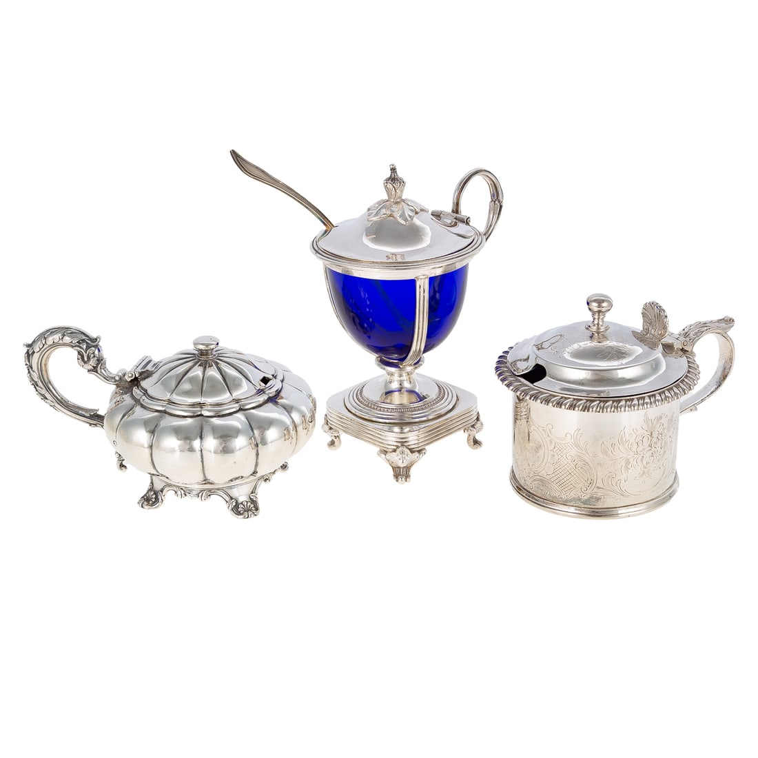 Three English & Scottish Silver Mustard Pots: Including: 1) George IV gourd-form, without liner, by Rebecca Emes & Edward Barnard I, London, 1827, 2 3/4 in. H overall, 5.4 ozt., 2) William IV, squat cylindrical, with chased floral decoration, by
