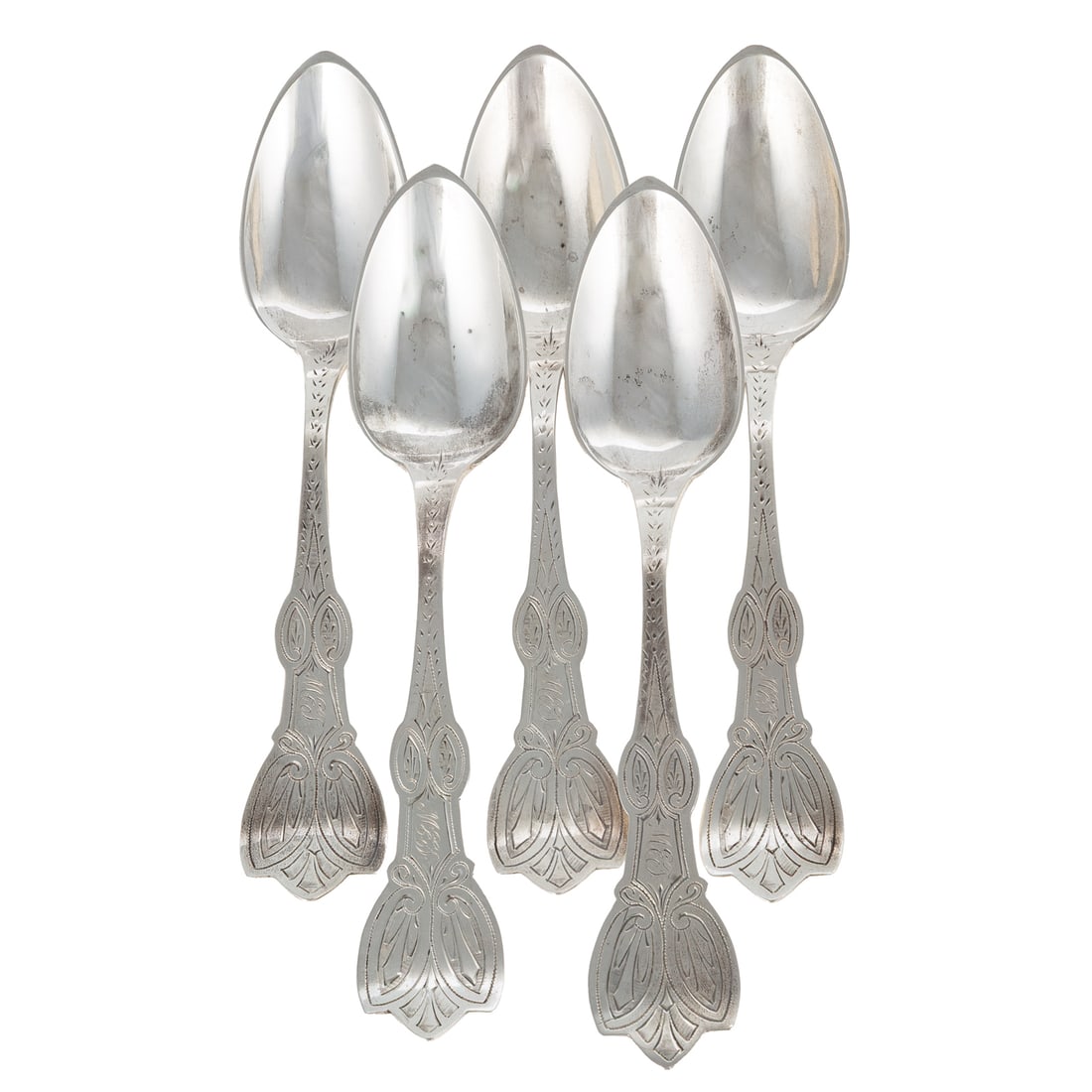Five Coin Silver Teaspoons by James Watts: Philadelphia, PA, active c.1835-1881, in the "Ovals & Trefoils" pattern, monogrammed, 5 7/8 in. L, 2.8 ozt.