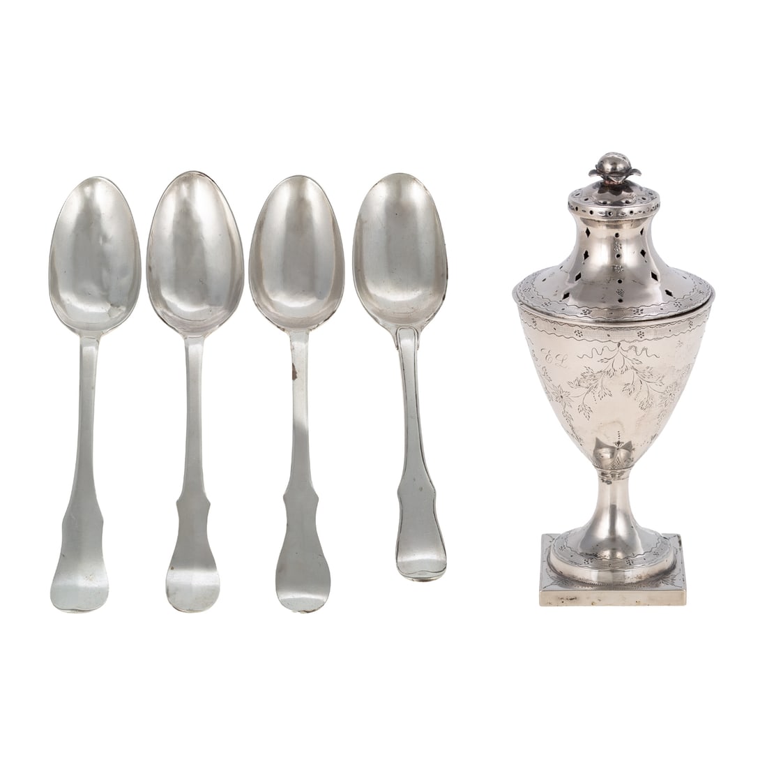 Five Pieces of Danish Silver Assayed by Frederik Fabritius: Copenhagen, 1787-1823, 826 silver standard, including: four fiddle spoons, monogrammed on the underside of the terminal, 7 3/4 in. to 8 1/4 in. L, 7.4 ozt.; and a sugar caster, decorated with floral s
