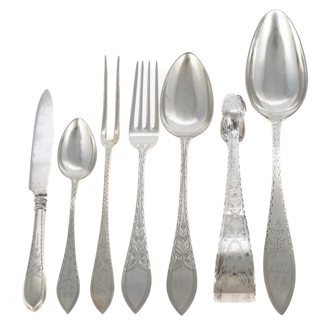 Collection of Danish Silver Flatware: Late 19th century-early 20th century, 826 silver standard, by various makers including: J. Paulsen, G. Kolling, A.V. Spenner, and others. All decorated in the same or similar bright-cut pattern, some