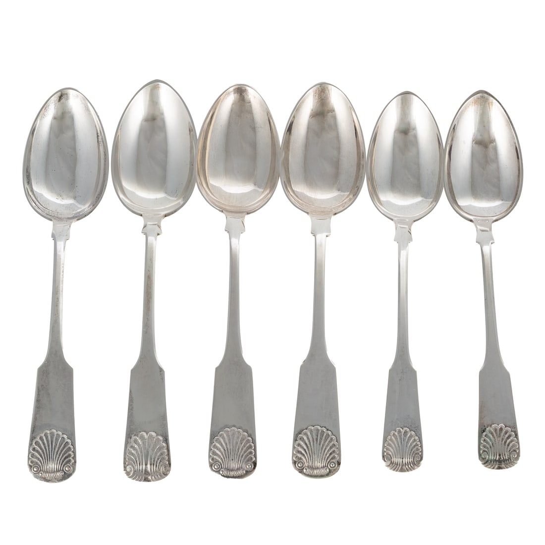 Six Danish Silver Fiddle & Shell Spoons: Early 20th century, Christian F Heise assay mark, three made by Baerendt Kolling, Ronne, 1916-1947, monogrammed on the underside of the terminal, 6 5/8 in. to 7 1/4 in. L, 5.6 ozt. Provenance: Herman