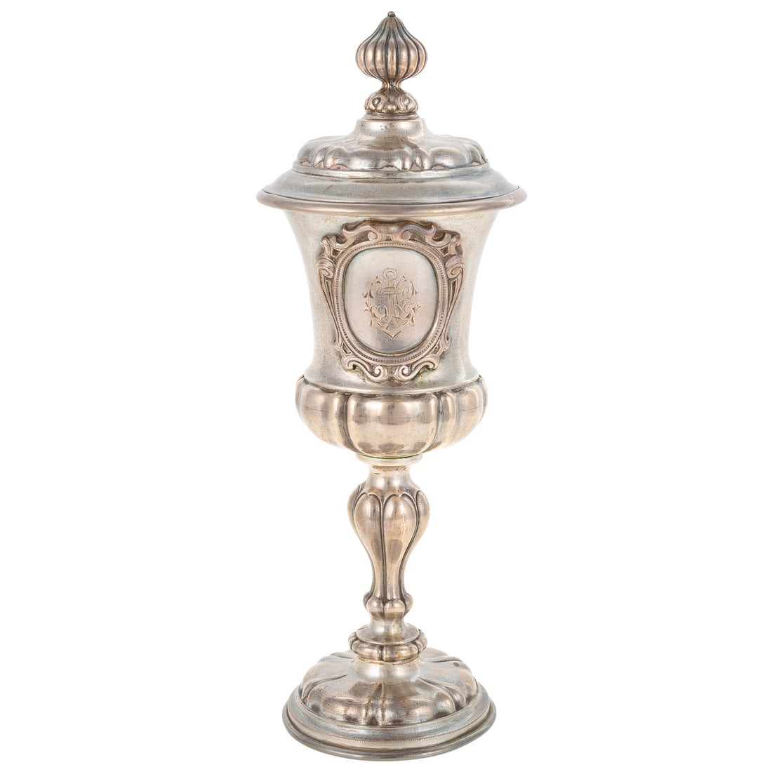 Continental Silver Commemorative Cup & Cover: Late 19th century, possibly Danish, with Russian import mark, 1882-1898, minimum 875 silver standard. One side of the cup with an applied shield, featuring a "CC" monogram surrounding an anchor, the