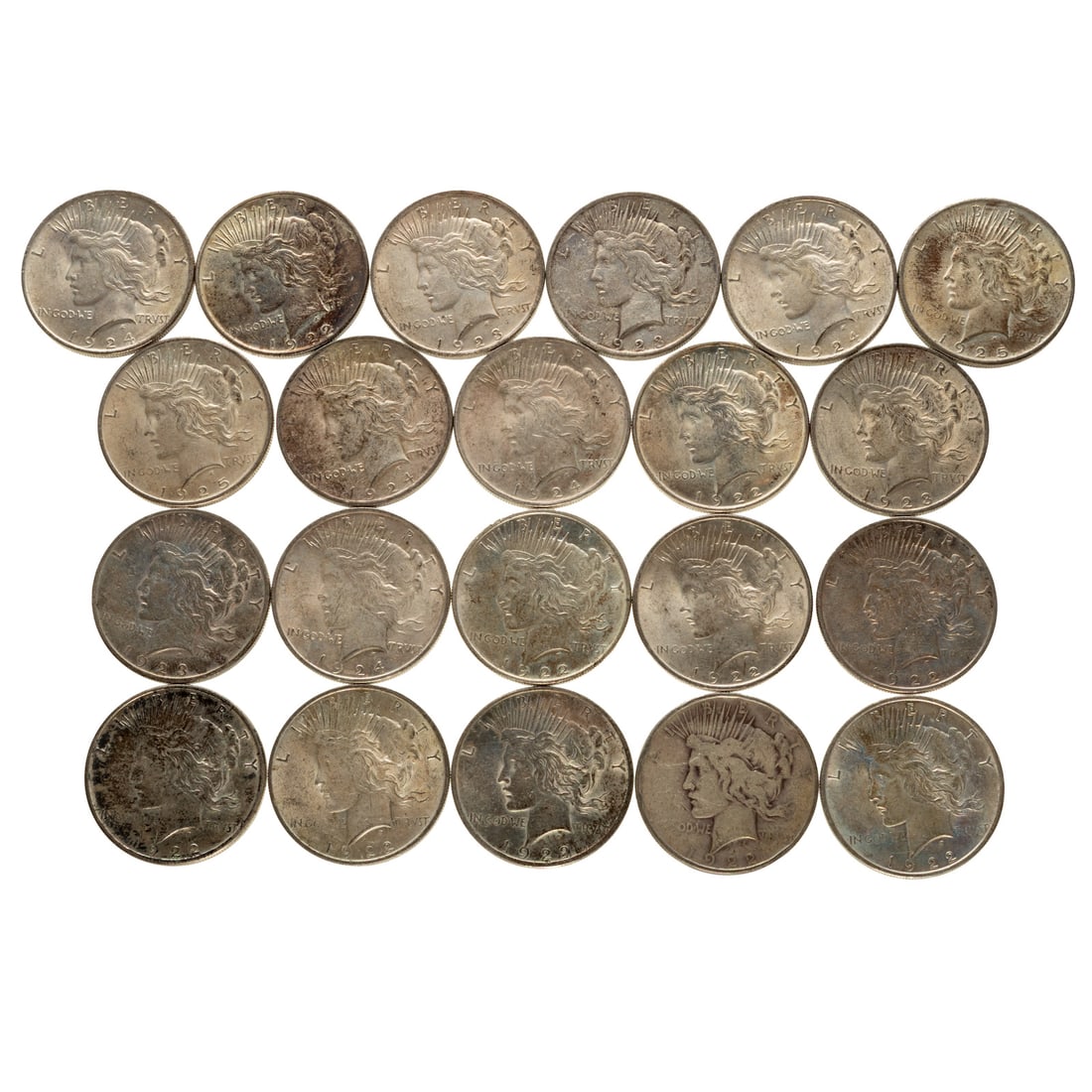 21 - Peace Dollars: 1922 G, 3-XF, 4-XF45 3-AU, 1923 3-XF, 1924 2-XF, 2-AU, 1925 XF, XF45