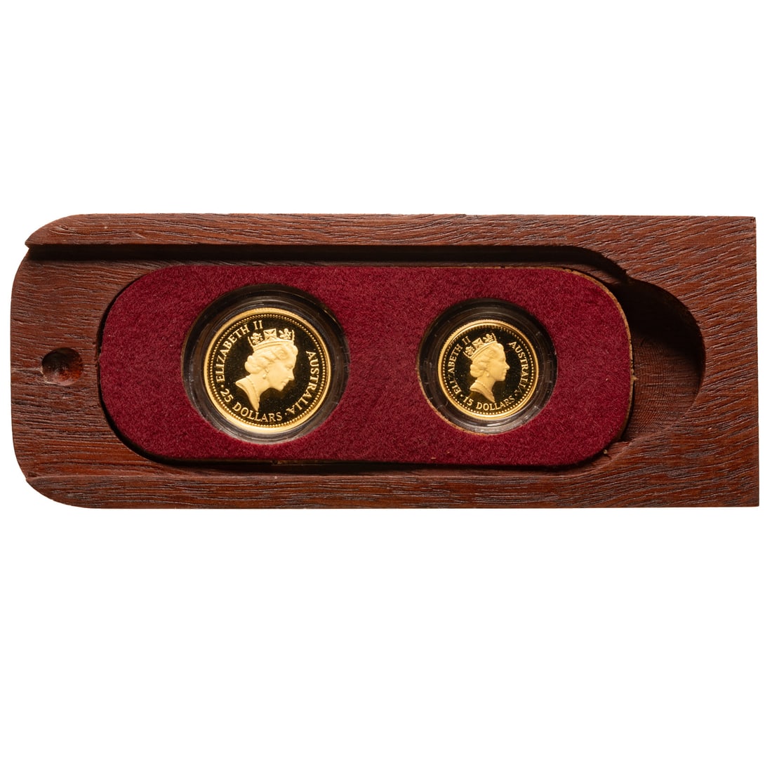 1987 Two-Coin Australian Proof Set- 1/10 & 1/4 Oz: The second year of the Australian nugget gold coins, these two proof coins are 1/10th and 1/4 oz (.9999 fine gold) and come in a special presentation box made from the Australian Jarrah tree. The