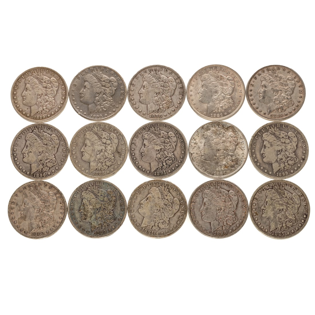 15 Silver Morgan Dollars: 1878 7TF F/VF, 1880-O VF30, 1881-S F, 1883-O F, 1885 VF35, 1885-O VG Facial Scratches net G, 1886 XF, 1887-O F/VF, 1889-O VG, 1889-O VF, 1891-S VF,1892-O 1896-O F, 2-1921 XF45