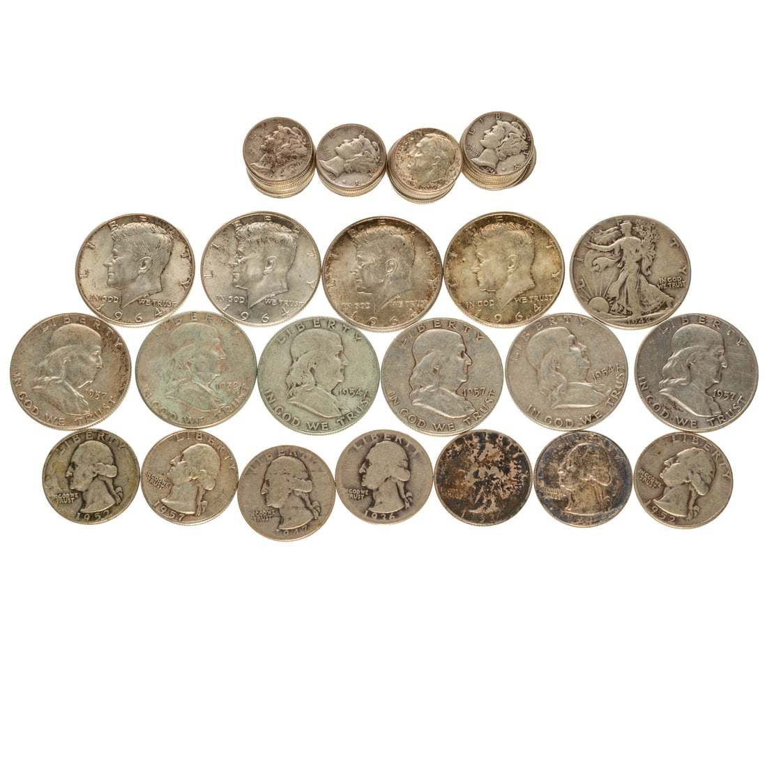 $11.30 Face in US 90% Silver Coins: 38 silver dimes (mix of FDR and Mercury with one Barber), six silver quarters, 12- 90% silver halves