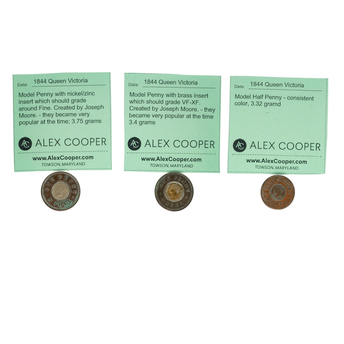 Three 1844-48 Queen Victoria Model Penny, Half Penny: These "model pennies" were created by Joseph Moore with the intent to show the Crown that pennies did not have to be so large and cumbersome. They became quite popular with users and the mint had to
