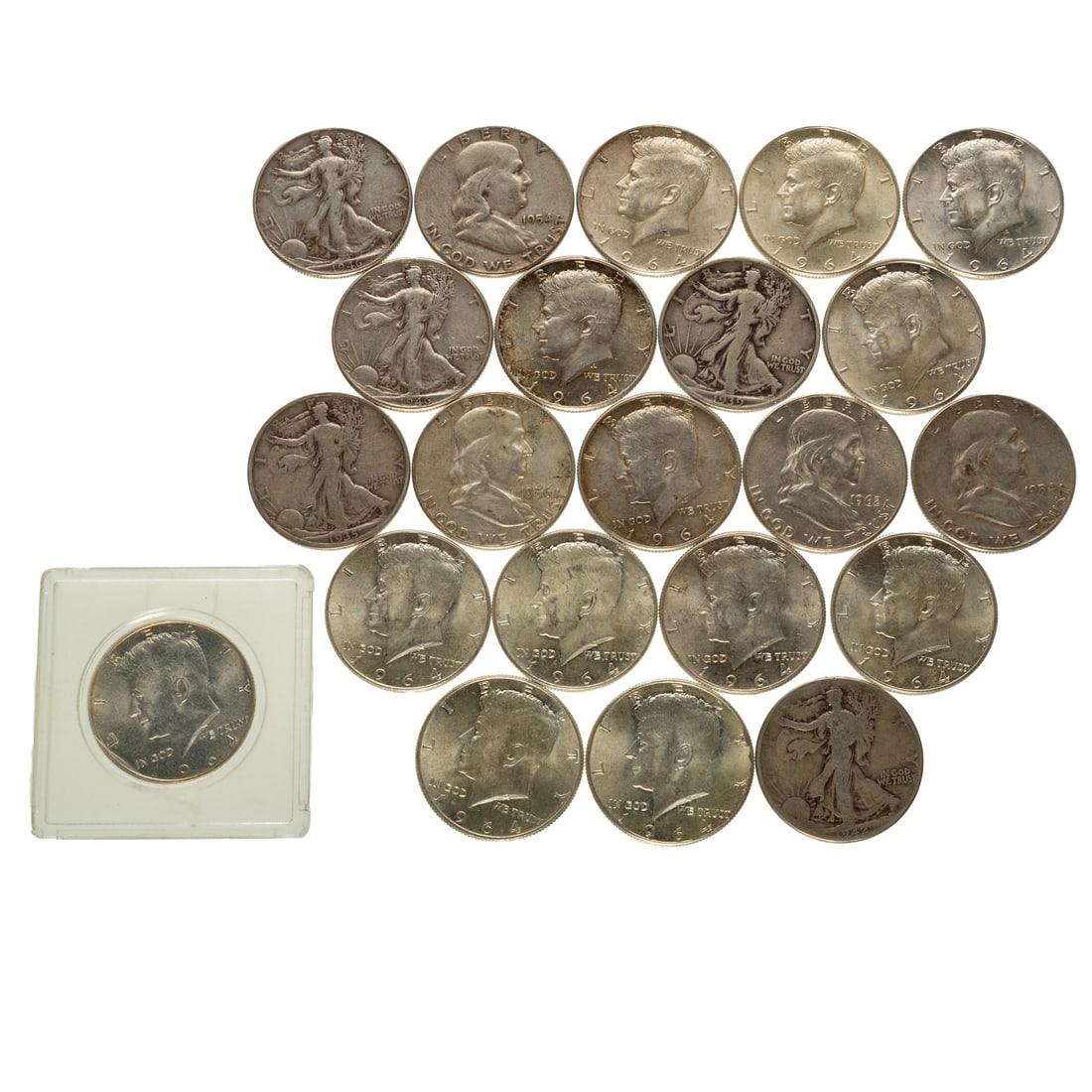 22 - 90% Silver US Halves: 13-1964 JFK halves, 4-Franklin Halves, 5 Walking Liberty Halves, approximately 15.73 troy ounces of silver