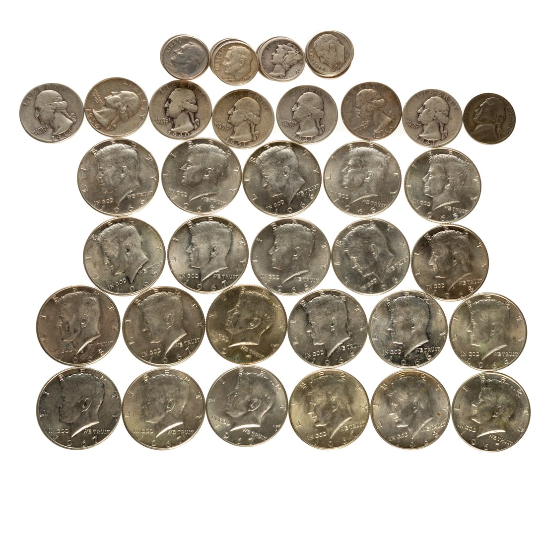 $3.60 Face 90% Silver & 22-40% Silver JFK Halves: 18 silver dimes, One silver war nickel, 7 silver quarters and 22 40% silver JFK halves