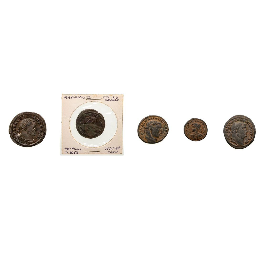 Five Much Better Roman Bronzes: These are bronzes with great eye appeal and details 1) Severus II 306-307 CE: AE Follis Treveri mint, RIC 668a - XF+/VF+ lovely patina: Laureate, draped, and cuirassed bust of Severus II Caesar Rev