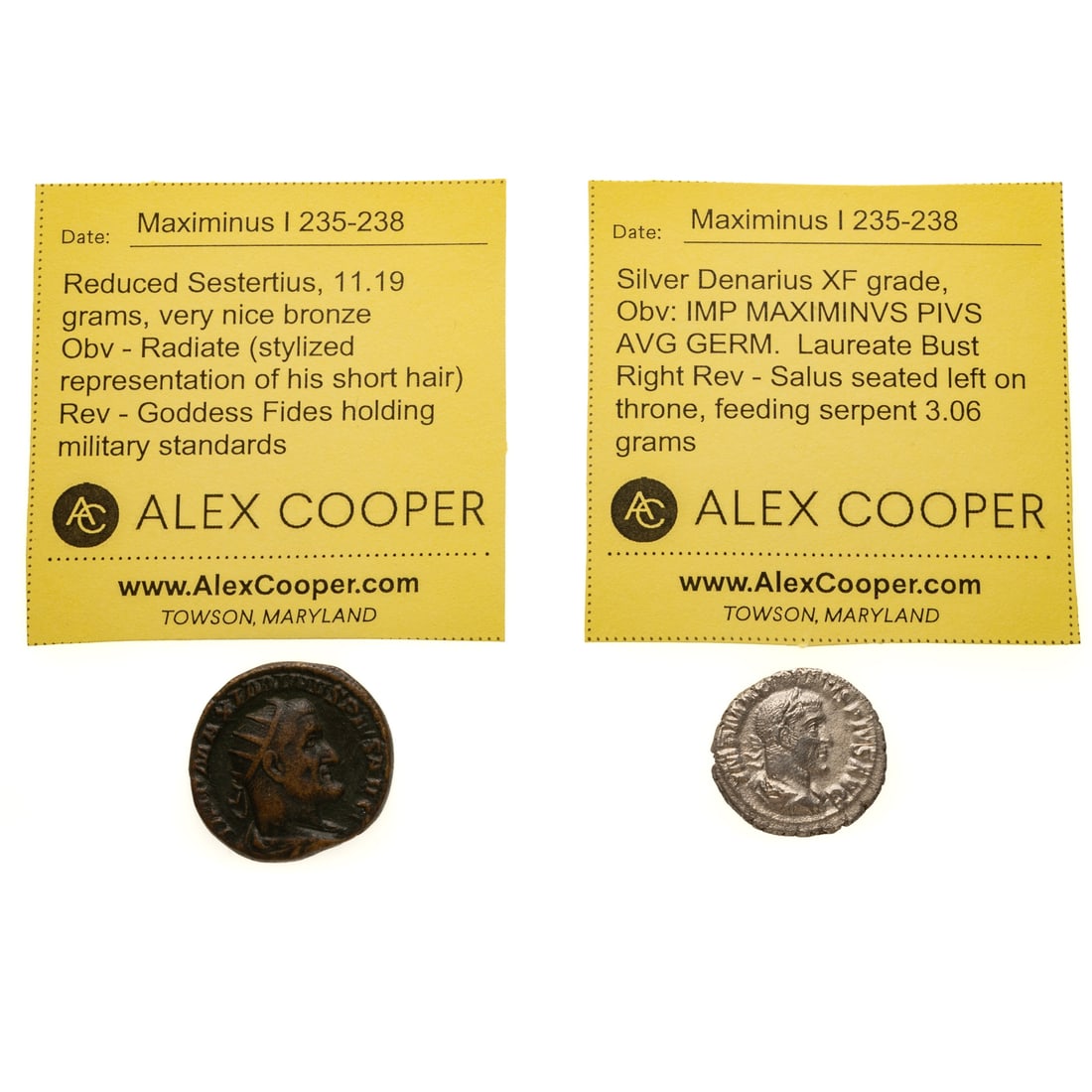 Maximinus AR Denarius & Reduced Sestertius: He was nicknamed Hercules because of size and strength but was killed while napping by his soldiers Silver Denarius XF grade, Obv: IMP MAXIMINVS PIVS AVG GERM. Laureate Bust Right Rev - Salus seated
