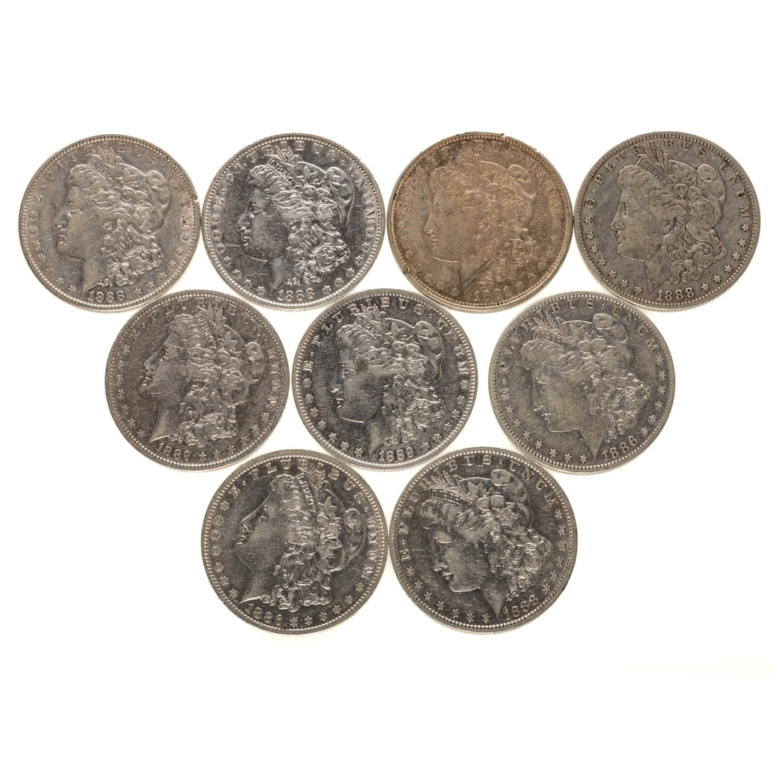 Nine Morgan Silver Dollars: Variety of dates and grades, 2- 88-O, 86-O, 2-89-O, 21-D, 2-88, 86-O, VF-XF, nothing rare and several are probably cleaned