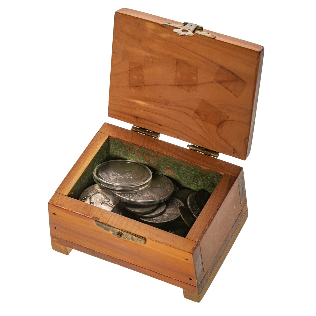 Wood Box with US Type & Silver Coins: 1986 Silver eagle, 1837 Reeded Edge Half "Fifty Cents" VF/XF cleaned, $3.30 Face 90% silver and 1918 Half Dollar split in half, 8 silver war nickels, 1884 V Nickel VG10 ner G4 due to marks and