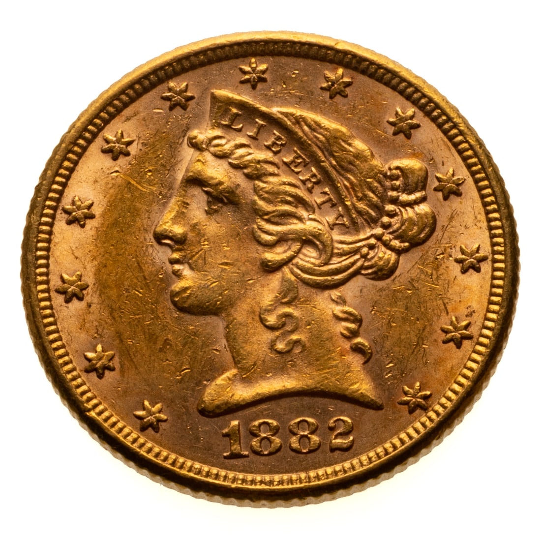 1882 $5 Liberty Half Eagle XF45 Details: Philadelphia product with a mintage of 2.5 million and a gold weight of .2419 troy ounces. Obverse but was wiped at some time in the past. Passed Sigma testing