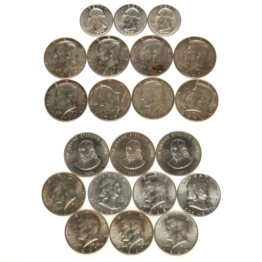 US Silver Coins & Franklin Mint Sterling Medals: 3 Franklin Halves, 12-40% JFK Halves, 3- Washington quarters, 3-1971 John H Dent 40th Anniversary Public Life in Congress (total 750 grains sterling or 1.445 troy ounces