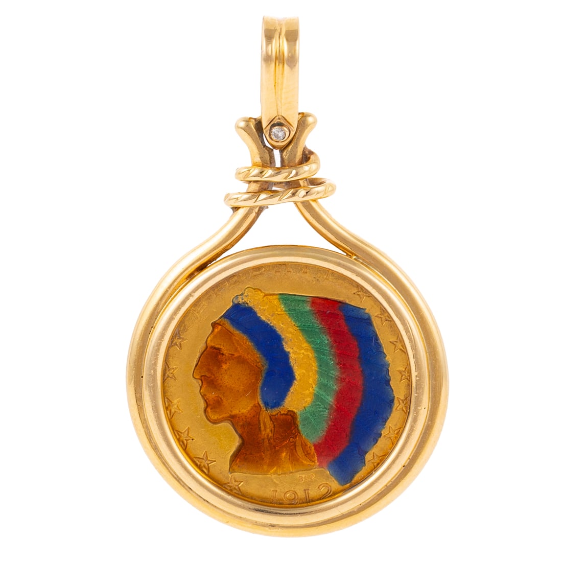An Enameled 1912 $5 Gold Indian Quarter Eagle Pendant in 14K: 14K yellow gold pendant featuring a colorful enameled 1912 $5.00 gold Indian quarter eagle bezel set in a double high polish bezel with textured rope details and a round bezel set diamond, 1 5/8 in.