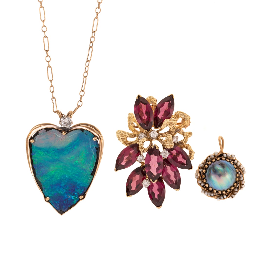 A Trio of Gemstone & Pearl Pendants in 14K: 1) 14K yellow gold heart pendant necklace featuring a black opal doublet approx. 1 x 3/4 in., prong and bezel set, round diamond accent, suspended from an elongated oval and cable link chain, 18 1/2 i