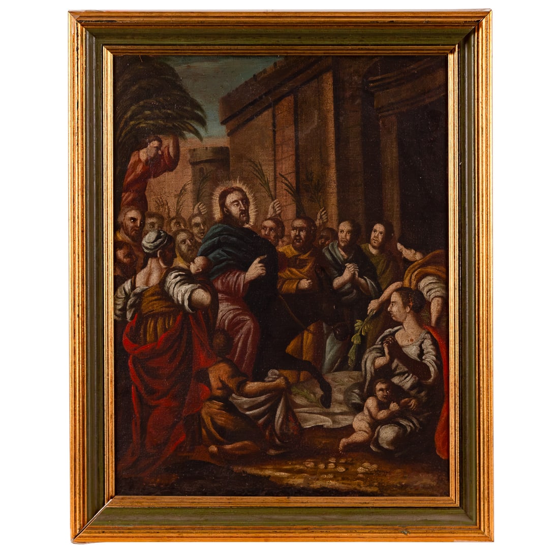 Flemish School, 17th c., "Triumphal Entry of Christ into Jerusalem," oil: (17th century) Oil on burlap, sight size: 18 1/4 x 14 in., framed size: 21 1/2 x 17 in. Provenance: From the Estate of Jonathan Kamarck, Washington, DC