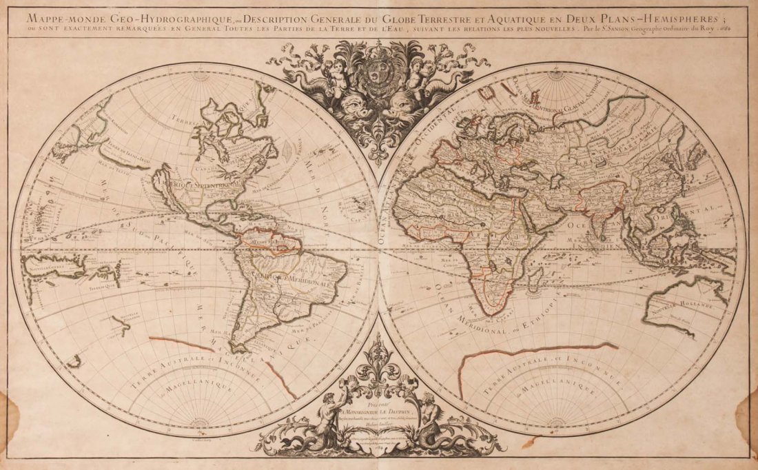 [Cartography] Sanson, Map of the world, 1684: "Mappe-Monde Geo-Hydrographique ..." (Paris: Jaillot, 1684) engraving with old colored outlines, 25 x 37 in., framed. (Combines valuable information on new discoveries in the Pacific with old fantasie
