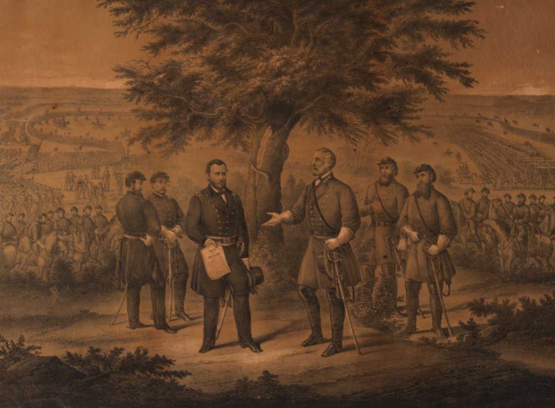 [Civil War Print] "The Surrender of General Lee": and his entire army to Lieut. General Grant..." (Phila: J. Smith, 1865) two-tone lithograph, framed