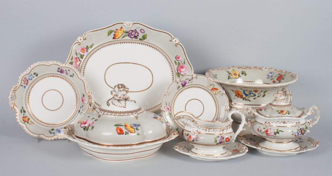 Staffordshire china partial dinner service: circa 1835; probably Ridgeway or Spode, approx. 144 pieces, comprising: soup tureen, 31 dinner plates, 24 luncheon plates, 19 dessert plates, 23 bread plates, 12 soup bowls, 3 covered vegetable dishes