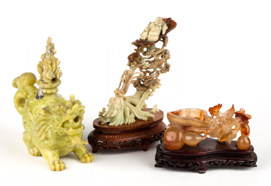 Three Chinese carved hardstone articles: comprising: dragon-form teapot, Hotai and dragon, and scholar's water dipper in form of pear, 7 1/2 in. H. of tallest