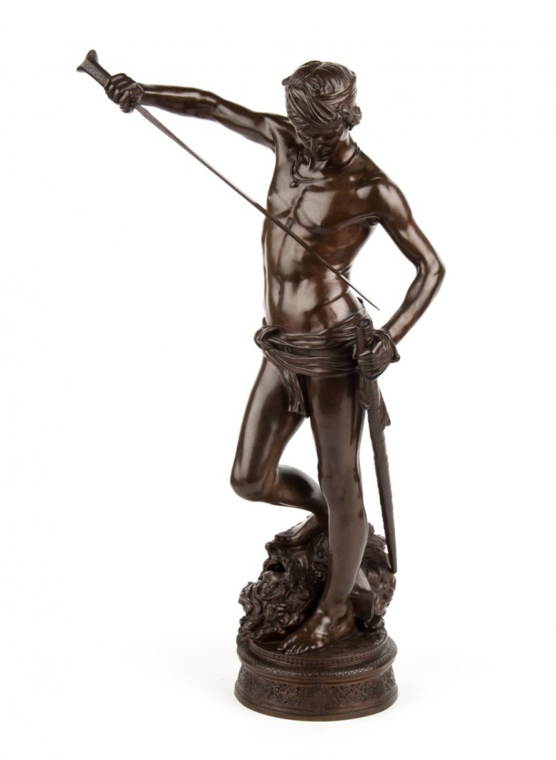 Antonin Mercie. French Bronze Figure, "David.:: Brown patinated bronze sculpture of biblical hero standing on head of Goliath. Late 19th century. Signed in cast "A. Mercie," with A. Collas Barbedienne foundry plug. Height 17 in
