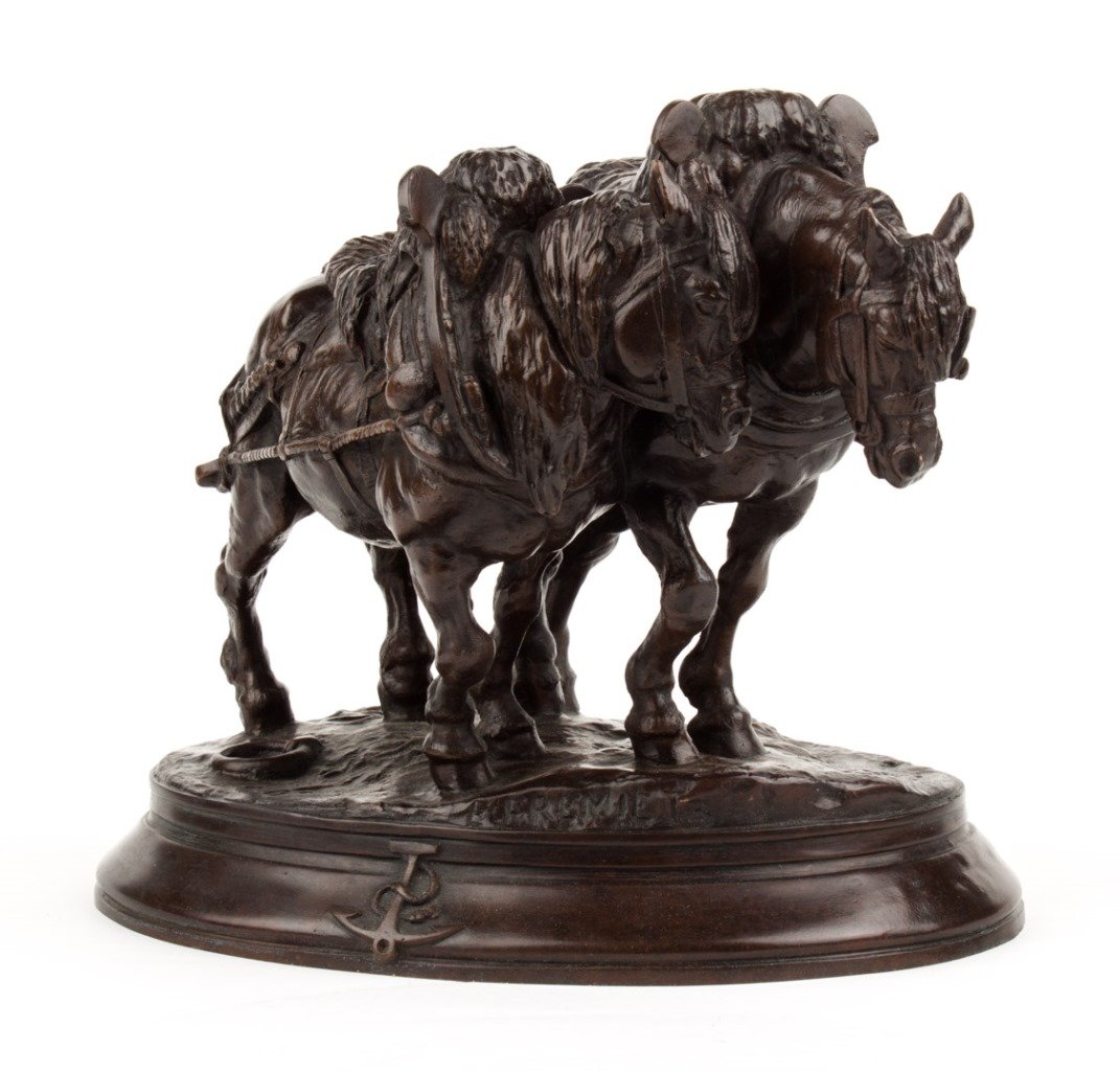 Emmanuel Fremiet. French Bronze Figure,: "Chevaux de Halage" Bronze sculpture modeled as a pair of barge pull horses. Brown patina, late 19th century. Signed in cast "E. Fremiet," Height 9 1/2 in.