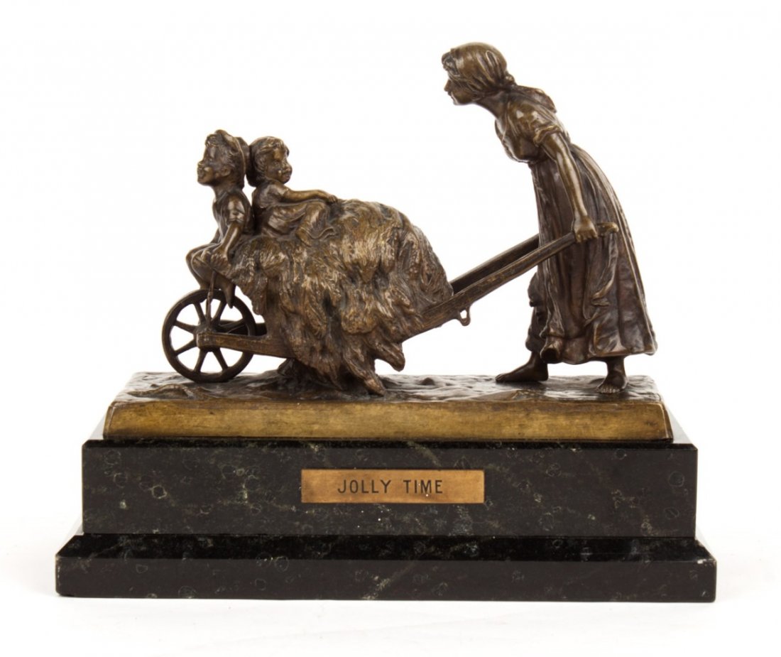 Carl Kauba. "Jolly Time," bronze group: Carl Kauba (Austrian, 1865-1921), modeled as peasant woman pushing hay-filled wheelbarrow with two children, greenish-brown patina, signed in cast "C. Kauba," and impressed "Real Vienna Bronze," mount