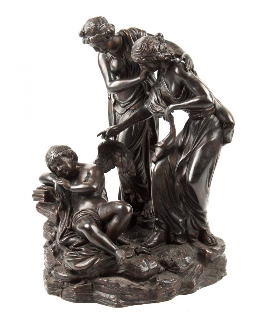 Classical style bronze figural group: modeled as sleeping cupid with to women, greenish-brown patina, approx. 24 in. H.