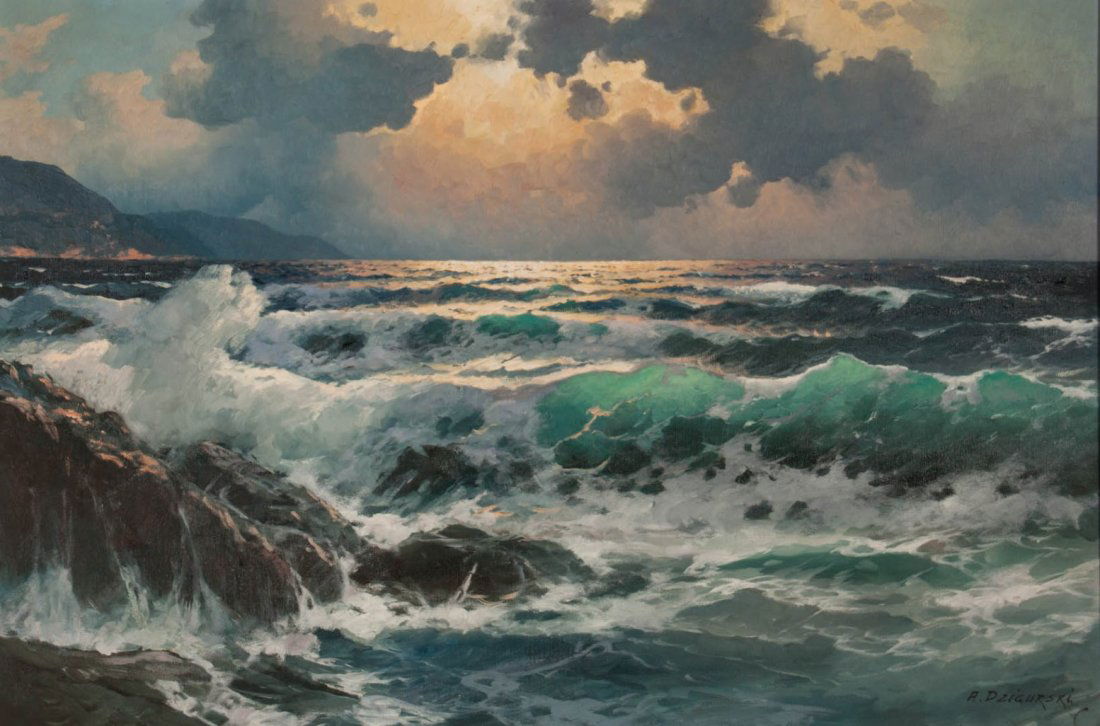 Alexander Dzigurski. Coastal Waves, oil on canvas: (American/Yugoslavian, 1911-1995). Signed "A. Dzigurski" lr, 24 x 36 in., framed