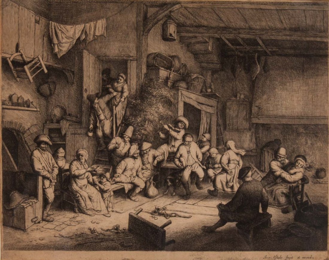 Adriaen van Ostade. "The Dance at the Inn" etching: (Dutch, 1610-1685). 9 1/2 x 12 1/4 in., framed