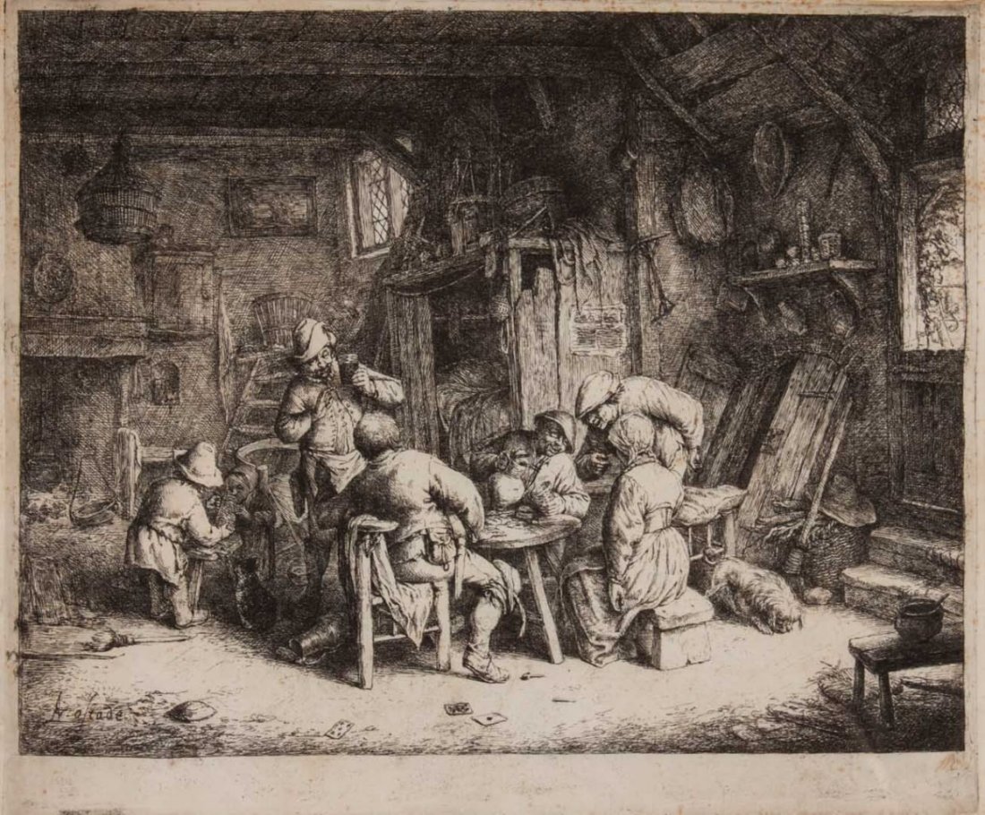 Adriaen Van Ostade. "The Breakfast," etching: (Dutch, 1610-1685). 8 1/2 x 10 in., framed