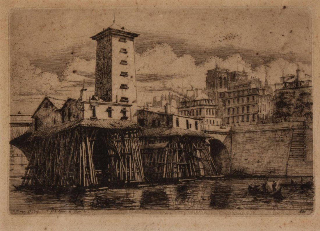 Charles Meryon "La Pompe Notre-Dame" etching: (French, 1821-1868). Signed "C. Meyron" in plate ll, 6 1/2 x 9 1/2 in., framed